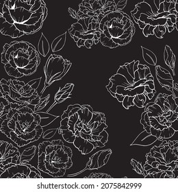Seamless vector pattern with hand drawn outlined white lisianthus on black background. Beautiful floral texture.