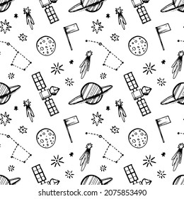 seamless vector pattern with hand drawn doodle style space and galaxy elements: shooting stars and comet, Milky Way, Moon, Saturn, Ursa Major, Space probe, flag. Beautiful modern cute tech background