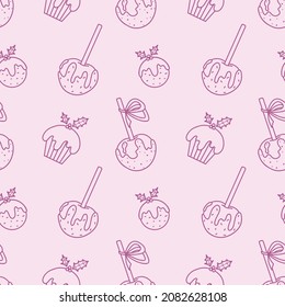 Seamless vector pattern with hand drawn Christmas baking and sweets lineart. Holiday treats theme doodle elements. Cute background for card, gift, wrapping paper, packaging, fabric, textile, wallpaper