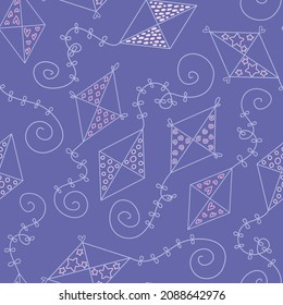 Seamless vector pattern with hand drawn doodle kites in trendy color 2022 Very Peri. Line objects. Cute background for kids room decor, nursery art, card, gift, packaging, wrapping paper, textile.