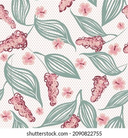 Seamless vector pattern with hand drawn tropical flowers and leaves. Stylized ornamental plants protea and hibiscus. Hawaiian print for cover and fabric printing