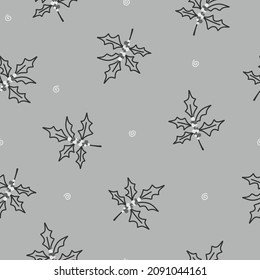 Seamless vector pattern with hand drawn holly twigs. Line objects. Christmas sketch texture. Winter holiday background for packaging, wrapping paper, print, card, gift, fabric, wallpaper, textile.