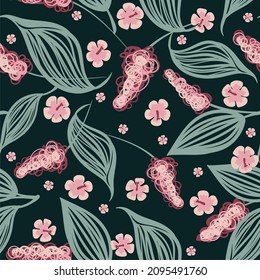 Seamless vector pattern with hand drawn tropical flowers and leaves. Stylized ornamental plants protea and hibiscus. Hawaiian print for cover and fabric printing