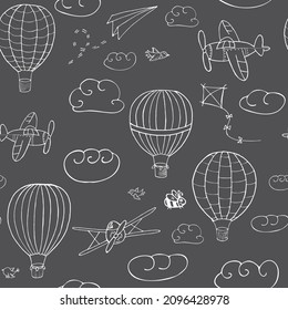 Seamless vector pattern, hand drawn hot air baloons flying in the sky. Pattern for backgrounds, wrapping paper, fabrics and other designs