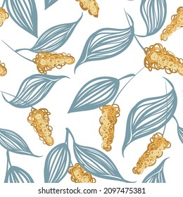 Seamless vector pattern with hand drawn tropical flowers and leaves. Stylized ornamental plants of protea and or lilac. Hawaiian print for cover and fabric printing