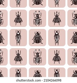 Seamless vector pattern with hand drawn beetles. Editable hand drawn Vector illustration. Perfect pictures for fabric, textile, clothing, wrapping paper, wallpaper