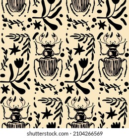 Seamless vector pattern with hand drawn beetles and flowers elements. Editable hand drawn Vector illustration. Perfect pictures for fabric, textile, clothing, wrapping paper, wallpaper