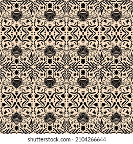 Seamless vector pattern with hand drawn beetles and flowers elements. Editable hand drawn Vector illustration. Perfect pictures for fabric, textile, clothing, wrapping paper, wallpaper