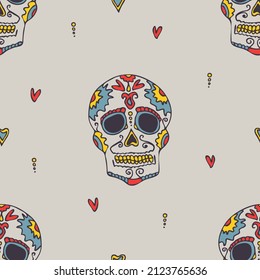 Seamless vector pattern with hand drawn skull head on grey beige background. Simple traditional culture wallpaper design. Decorative Halloween fashion textile.