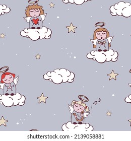 Seamless vector pattern with hand drawn angels on grey background. Simple cartoon sky wallpaper design. Decorative heaven fashion textile.