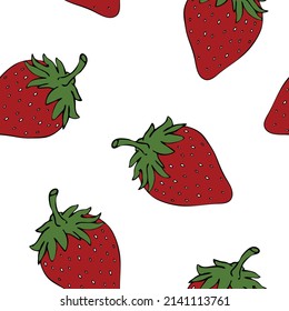 Seamless vector pattern with hand drawn strawberries on white background. Simple summer fruit wallpaper design. Decorative kitchen berry fashion textile.