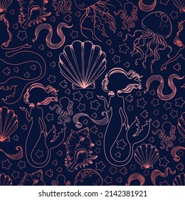 Seamless vector pattern with hand drawn outlined seashells, jellyfish, mermaids and bubbles on dark blue background. Beautiful marine texture