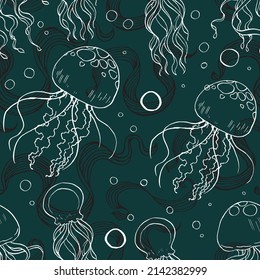 Seamless vector pattern with hand drawn outlined jellyfish and bubbles on dark green background. Beautiful marine texture