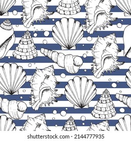 Seamless vector pattern with hand drawn outlined seashells on striped background