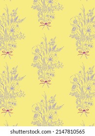 Seamless vector pattern of hand drawn wildflower bouquet in vintage style.