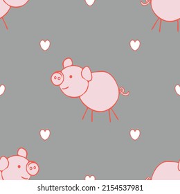 Seamless vector pattern with hand drawn pig on grey background. Simple cartoon animal wallpaper design. Decorative romantic fashion textile.