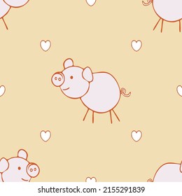 Seamless vector pattern with hand drawn pig on yellow background. Simple animal love wallpaper design. Decorative romantic fashion textile.