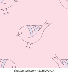 Seamless vector pattern with hand drawn bird on pink background. Simple baby shower wallpaper design. Decorative cute chick fashion textile.