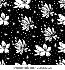 Patrón vectorial sin foco con flores blancas dibujadas a mano, estrellas y puntos sobre fondo negro. Hermosa textura floral.