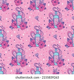 Seamless vector pattern with hand drawn love potion bottles, flowers, berries, and stars on pink background. Beautiful colorful texture.
