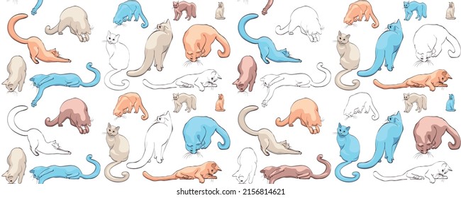 A seamless vector pattern with hand drawn black cats. Playing cats. Halloween background. Nursery seamless pattern