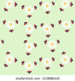 Seamless vector pattern of hand drawn daisies and ladybugs on green background.