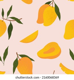 Seamless vector pattern with hand drawn textured mango on pink background. Tropical fruit background. For the design of textiles, wrapping paper, wallpaper. 