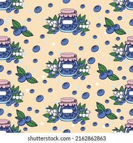 Seamless Vector Pattern With Hand Drawn Blueberry Jam Jars, Flowers, And Blueberries On Beige Background. Beautiful, Cozy Texture