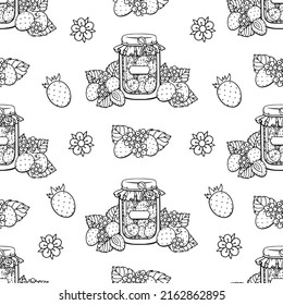 Seamless vector pattern with hand drawn outlined strawberry jam jars, flowers, and strawberries on white isolated background. Beautiful, cozy texture