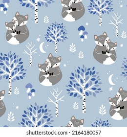 Seamless vector pattern with hand drawn fox family, cute baby fox and trees. Woodland nursery illustration. Perfect for textile, wallpaper or print design.