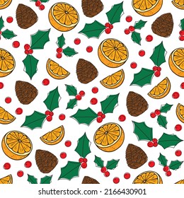 Seamless vector pattern with hand drawn holly berries, oranges, pine cones and christmas plants on white background. Festive winter texture.