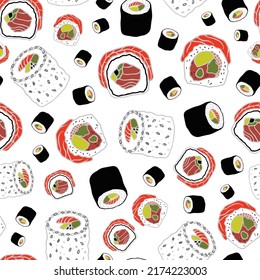 Seamless vector pattern of hand drawn doodle sushi, hosomaki, uramaki and maki rolls isolated on white background. Asia cuisine prints for restaurant design purposes, wallpaper or wrapping paper.