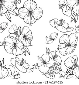 Seamless vector pattern with hand drawn outlined primroses on white background. Beautiful floral texture.