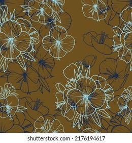 Seamless vector pattern with hand drawn outlined primroses on brown background. Beautiful floral texture.