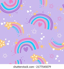 Seamless vector pattern with hand drawn rainbows , star and heart