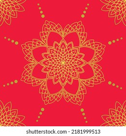 Seamless vector pattern with hand drawn mandala design with floral and dots. isolated on a red pink background. Pattern design for Fabric, paper, cover, wrapping paper, interior and other uses.