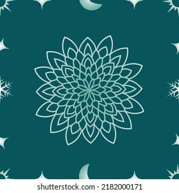 Seamless vector pattern with hand drawn mandala design with Sun Moon and Star. isolated on a green background. Pattern design for Fabric, paper, cover, wrapping paper, interior and other uses.