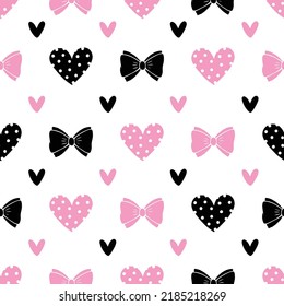 Seamless vector pattern with hand drawn pink and black hearts and bows on white background. Beautiful St. Valentine's Day design