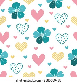 Seamless vector pattern with hand drawn  blue, pink, and yellow hearts and flowers on white background. Cute texture.