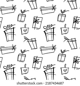 Seamless vector pattern with hand drawn gift boxes with bows, hearts and ribbons. Sketch repeatable design for wrapping paper, wallpaper, backgrounds, greeting materials, promo and banners.