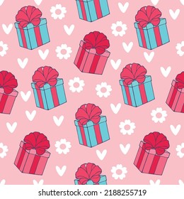 Seamless vector pattern with hand drawn gift boxes and small white flowers and hearts on pink background. Beautiful festive texture