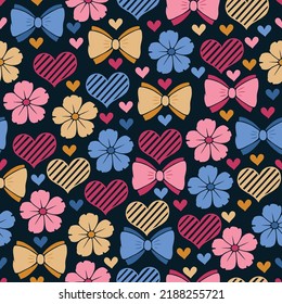 Seamless vector pattern with hand drawn pink, blue and yellow flowers, bows and hearts on black background. Beautiful St. Valentine's Day texture.