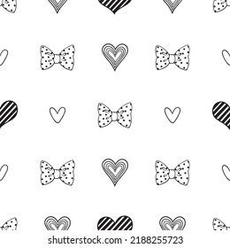 Seamless vector pattern with hand drawn outlined bows and hearts on white background. Beautiful tender texture.