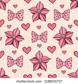 Seamless vector pattern with hand drawn outlined pink flowers, bows and hearts on beige background. Beautiful St. Valentine's Day texture.