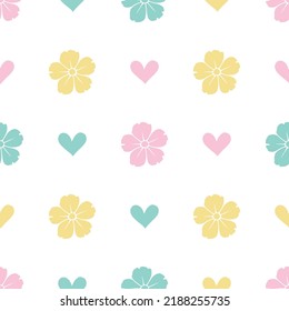 Seamless vector pattern with hand drawn yellow, mint and pink flowers and hearts on white background. Beautiful tender texture