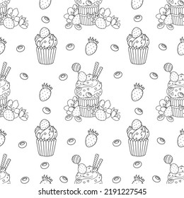 Seamless vector pattern with hand drawn outlined cupcakes with flowers and berries on white isolated background. Cute romantic texture.