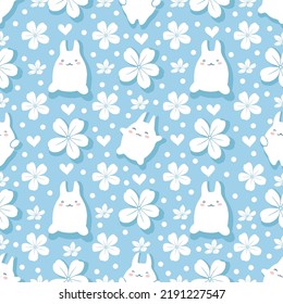 Seamless vector pattern with hand drawn cute white bunnies, flowers and hearts on lifht blue background with white dots. Cute romantic texture.