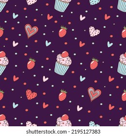 Seamless vector pattern with hand drawn cupcakes, strawberries and hearts on purple background with blue and red dots. Beautiful St. Valentine's Day texture.