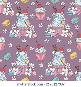 Seamless vector pattern with hand drawn big and small cupcakes, flowers, and sweets on purple background. Beautiful romantic texture.