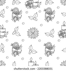 Seamless vector pattern with hand drawn outline candy canes decor, candles, holly flowers and poinsettia on white background. Beautiful Christmas design